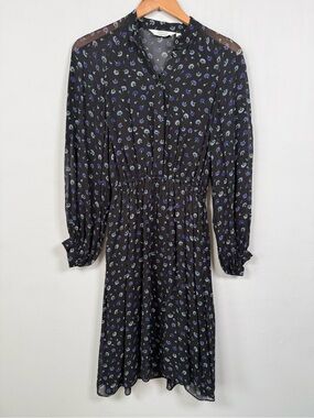& Other Stories Floral Smocked Midi Dress Black Purple Balloon Sleeve Size 2